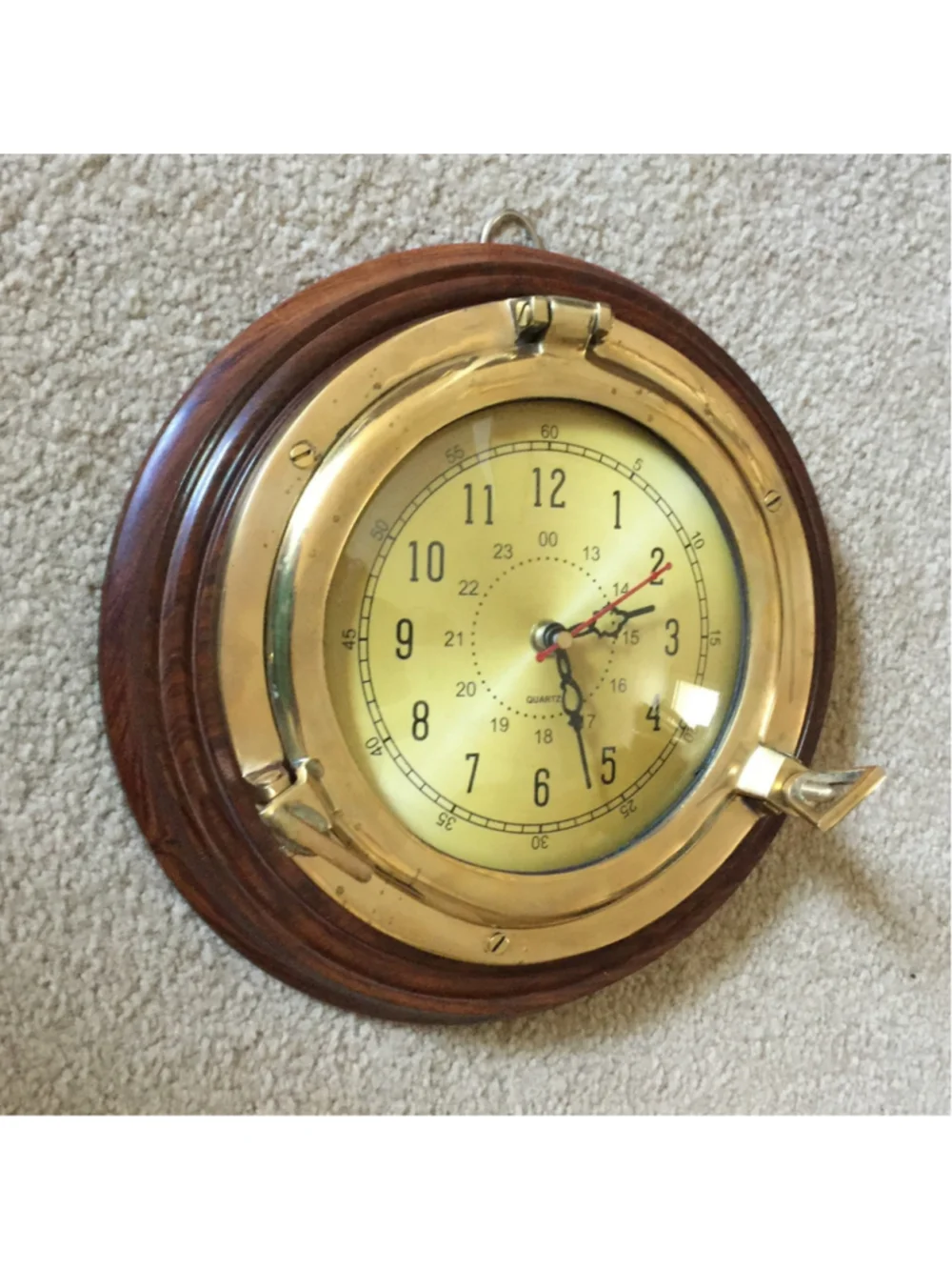 Nautical Ship’s Clock Porthole Look Brass & dark wood 10 Inch Working